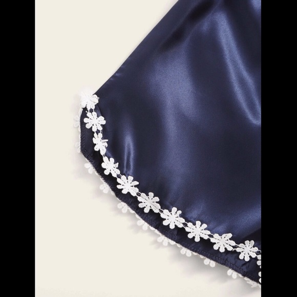 Navy Blue, Flower, Satin, Pajama Set - Picture 5 of 6